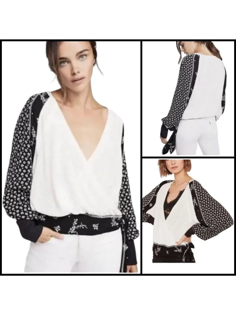 Free People‎ Boho Chic Romantic Patchwork Print Balloon Sleeve Surplice Top Sz L